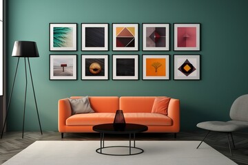 minimal design apartment, a wall with many picture frames, a modern living room, colorful furniture