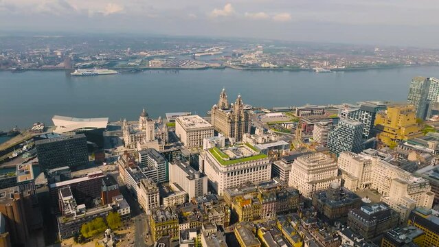 Aerial footage of Liverpool waterfront, England