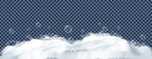 Bath foam or beer foam with bubblies isolated on transparent background. White soap froth texture with bubbles. Vector - 601129812