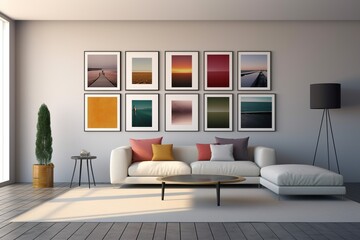 minimal design apartment, a wall with many picture frames, a modern living room, colorful furniture