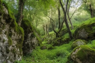 Fototapeta na wymiar illustration, landscape with stone grotto with trees and bushes, ai generative.