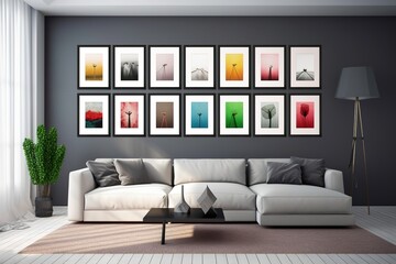 minimal design apartment, a wall with many picture frames, a modern living room, colorful furniture