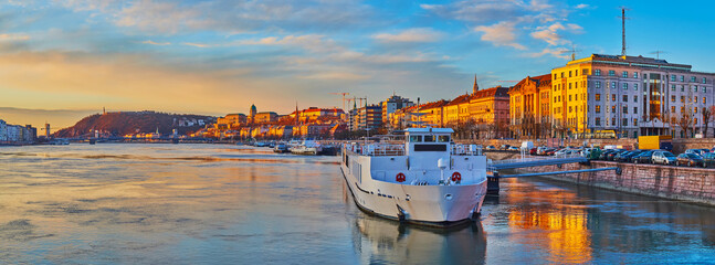 The tourist boat hotels on Danube River, Budapest, Hungary