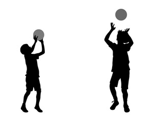 Happy brothers playing volleyball silhouettes
