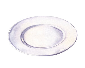 Watercolor illustration of white empty plate 