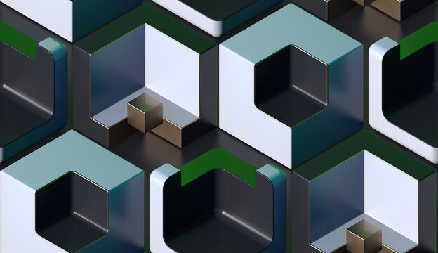 Generative AI with 3d 4K UHD abstract background illustration of symmetrical boxes and cube shapes with blue and green gray layers