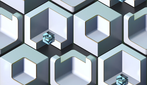 Generative AI with 3d 4K UHD abstract background illustration of symmetrical boxes and cube shapes with gray layers