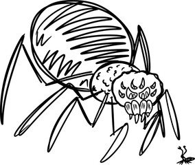 Vector drawing of a big scary spider and tiny ant. Contour, silhouette, black and white, flat, cartoon style, doodle. Animal, insect, spider, eyes, large, art, isolated, sketch, nature, predator, legs