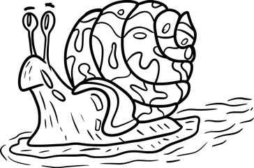 Vector drawing of a snail. Contour, silhouette, black and white, flat, sketch, art, doodle, flat, cartoon style. Animal, mollusk, clam, snail, shell, cute, silly, slimy, isolated, character.