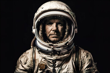 AI generated illustration of a portrait of a serious male astronaut wearing a spacesuit and helmet looking at the camera while standing against a black background