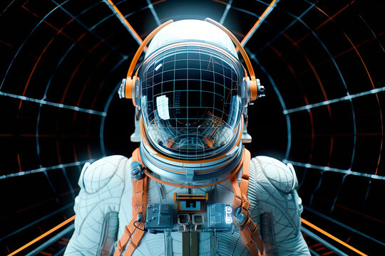 AI generated illustration of anonymous futuristic spaceman in shiny light against dark background with abstract geometric lines