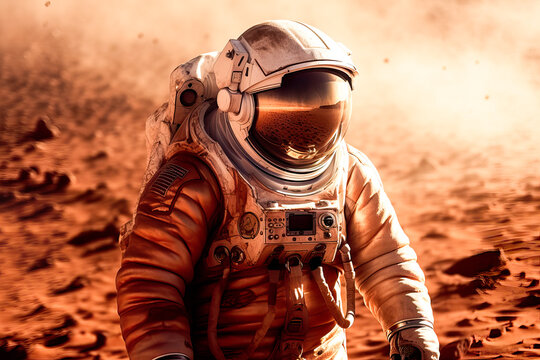 AI generated illustration of unrecognizable person in space suit walking on sandy ground of barren planet during expedition
