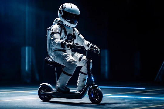 Generative AI illustration of full body anonymous astronaut riding electric scooter on asphalt along dark blue wall in dim light