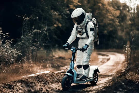 AI generating illustration full body of anonymous astronaut riding an electric scooter on a dirt path surrounded by bushes and trees