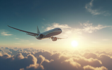 Generative AI illustration of a plane at high altitudes flying above the clouds in a blue daytime sky