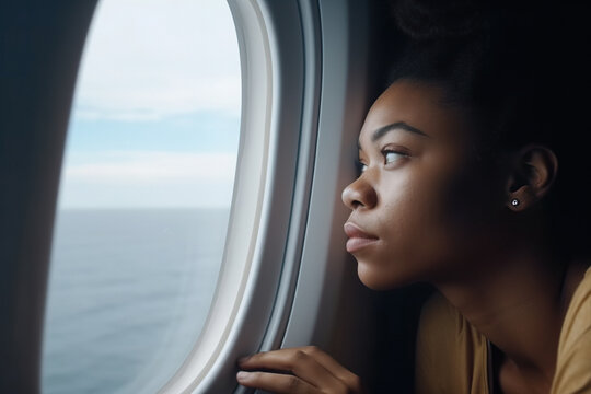 Generative AI illustration side view of a thoughtful young African American girl sitting in the passenger seat of a plane and looking out the window to observe the horizon