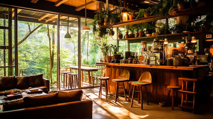 Nestled in the heart of rural Thailand, amidst the lush greenery of the forest and the sway of the trees, lies a charming little coffee shop that is as serene as it is unpretentious, Generative AI