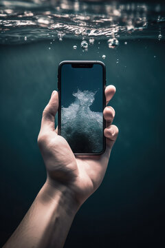 Generative AI illustration of crop unrecognizable male hand shooting video of small water vortex on waterproof cellphone underwater