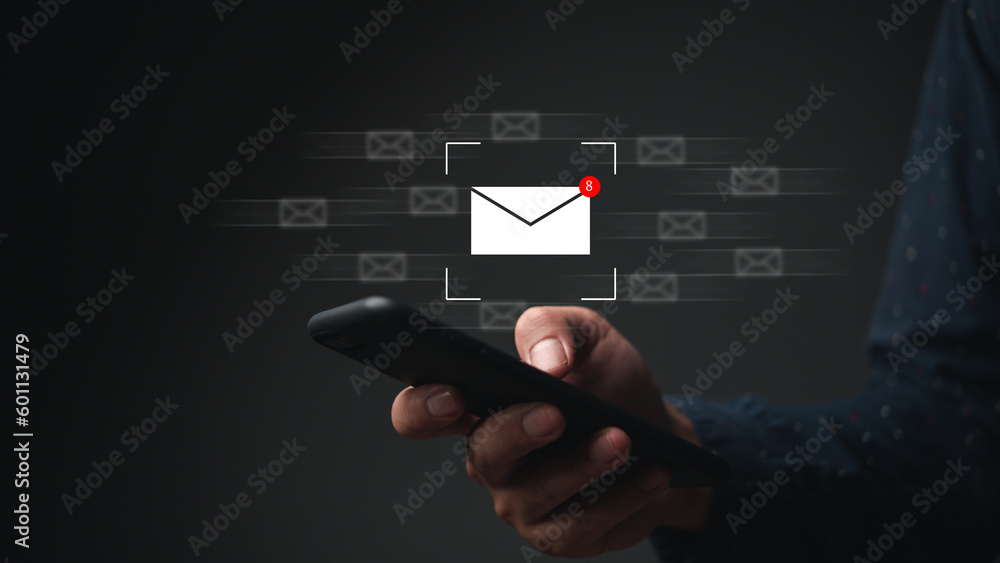 Poster businessman using smartphone for email with notification alert to customer, business contact and com