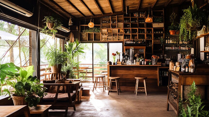 Fototapeta na wymiar Nestled in the heart of rural Thailand, amidst the lush greenery of the forest and the sway of the trees, lies a charming little coffee shop that is as serene as it is unpretentious, Generative AI