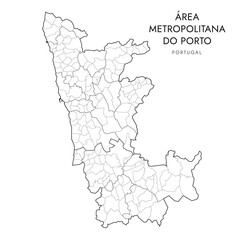 Vector Map of Porto Metropolitan Area (Área Metropolitana do Porto) with administrative borders of Districts, Municipalities (Concelhos) and Civil Parishes (Freguesias) as of 2023 - Portugal