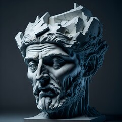 Broken ancient greek statue head. Broken marble sculpture. AI generated image.