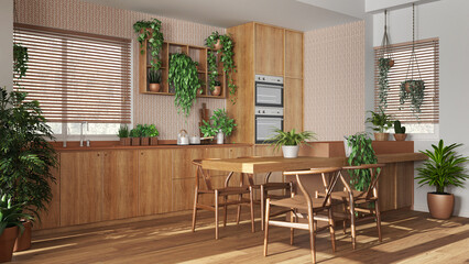 Biophilia interior design, wooden kitchen in white and orange tones with many houseplants. Island with chairs and appliances. Urban jungle concept idea