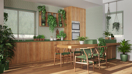 Biophilia interior design, wooden kitchen in white and green tones with many houseplants. Island with chairs and appliances. Urban jungle concept idea