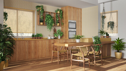Biophilia interior design, wooden kitchen in white and yellow tones with many houseplants. Island with chairs and appliances. Urban jungle concept idea
