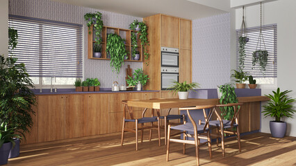 Biophilia interior design, wooden kitchen in white and purple tones with many houseplants. Island with chairs and appliances. Urban jungle concept idea