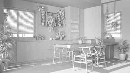Total white project draft, biophilia interior design, wooden kitchen with many houseplants. Island with chairs and appliances. Urban jungle concept idea