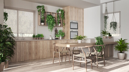 Biophilia interior design, bleached wooden kitchen in white and beige tones with many houseplants. Island with chairs and appliances. Urban jungle concept idea