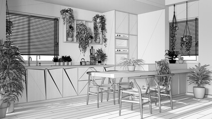 Blueprint unfinished project draft, biophilia interior design, wooden kitchen with many houseplants. Island with chairs and appliances. Urban jungle concept idea