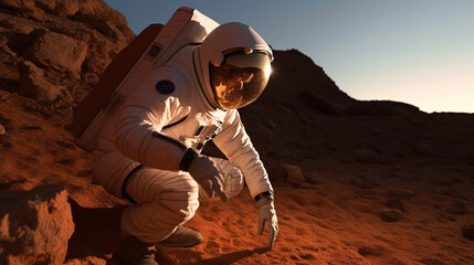 Generative AI image of anonymous spaceman in helmet and space suit standing near rocky formation and collecting samples with gloves on a distant planet