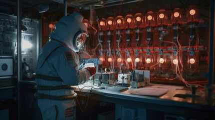 Generative AI image of futuristic spaceman in suit and helmet working in research wing while standing near counter with glowing neon lights