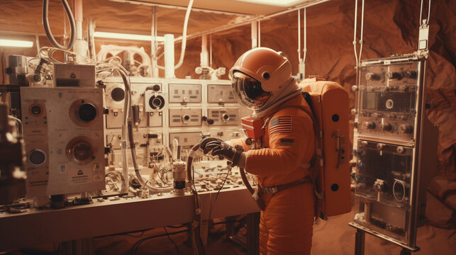 Generative AI image of side view of astronaut in helmet and space suit standing near research equipment and working on wires in illuminated rock enclosure