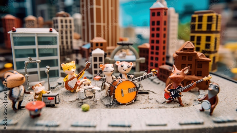 Poster a group of toy figurines that are on a table. generative ai image.