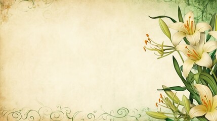 A blank parchment page with a shabby chic border of green and yellow lilies .generative ai