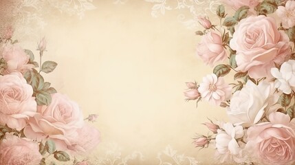 Obraz na płótnie Canvas A blank parchment page with a shabby chic border of pink and white roses .generative ai