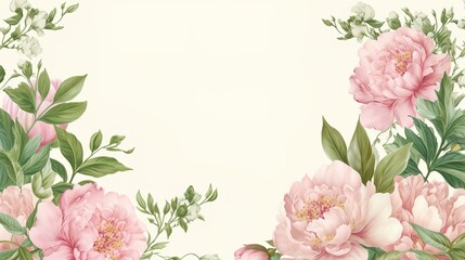 A blank parchment page with a shabby chic border of pink peonies and green leaves .generative ai