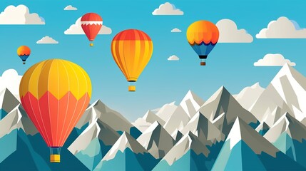 A group of hot air balloons floating over a mountain range with a blue sky in the background.paper - cut art, paper illustrations .generative ai