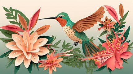 Fototapeta premium A hummingbird hovering over a flower with its wings spread wide. paper - cut art, paper illustrations .generative ai