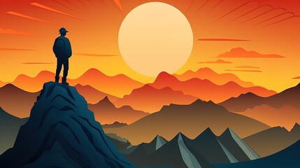 A silhouette of a person standing on a mountain top with a sunset in the background.paper - cut art, paper illustrations .generative ai
