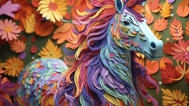 A unicorn with a rainbow-colored mane and tail standing in a field of flowers. paper - cut art, paper illustrations .generative ai