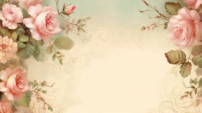 A vintage-style parchment page with a floral border of faded pink and green roses .generative ai
