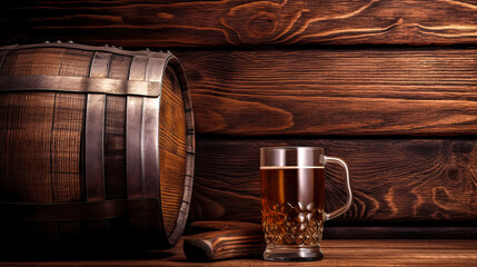 Wooden barrel and glass of beer on a table of wood. Ai generated