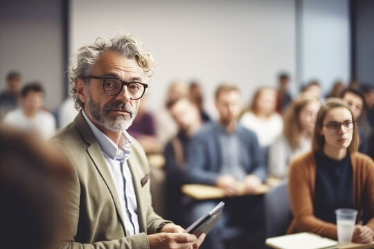 Man listening to a seminar, workshop or training