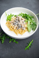 pasta spaghetti mushroom sauce shimeji brown healthy meal food snack on the table copy space food background rustic top view