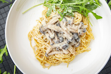 pasta spaghetti mushroom sauce shimeji brown healthy meal food snack on the table copy space food background rustic top view