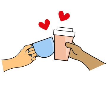Manos sosteniendo taza y vaso con cafe, chocando entre si con corazones.  Con fondo transparente